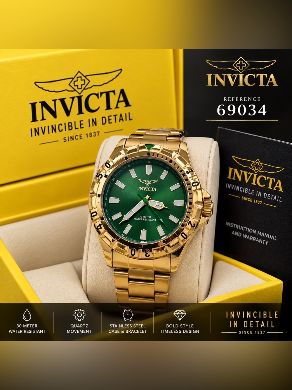 NEW Invicta Specialty Men’s Watch 42mm Gold Tone Green Dial Quartz 69034